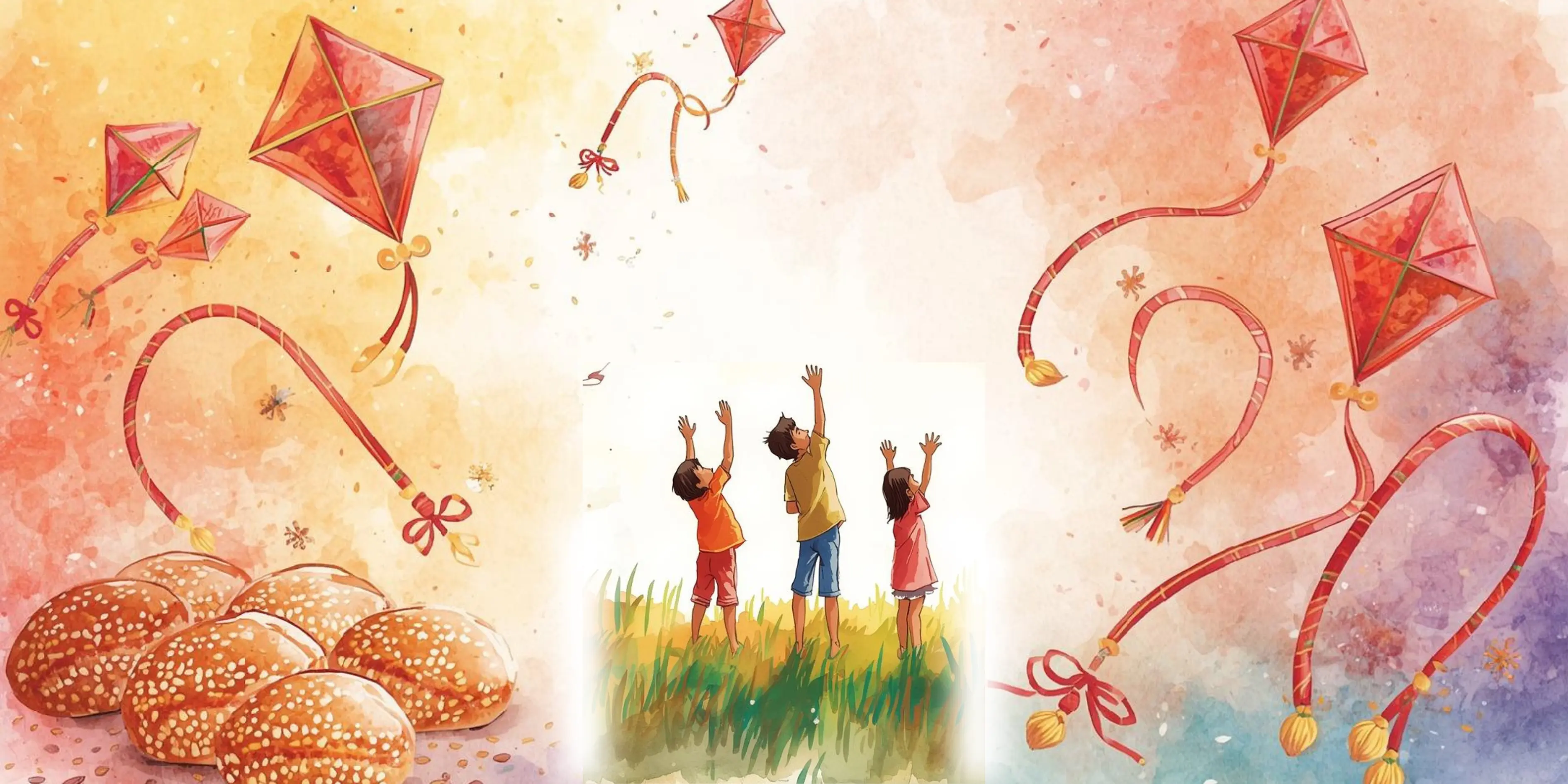 Three children in a grassy field reaching toward red kites flying in a warm, festive watercolor sky.