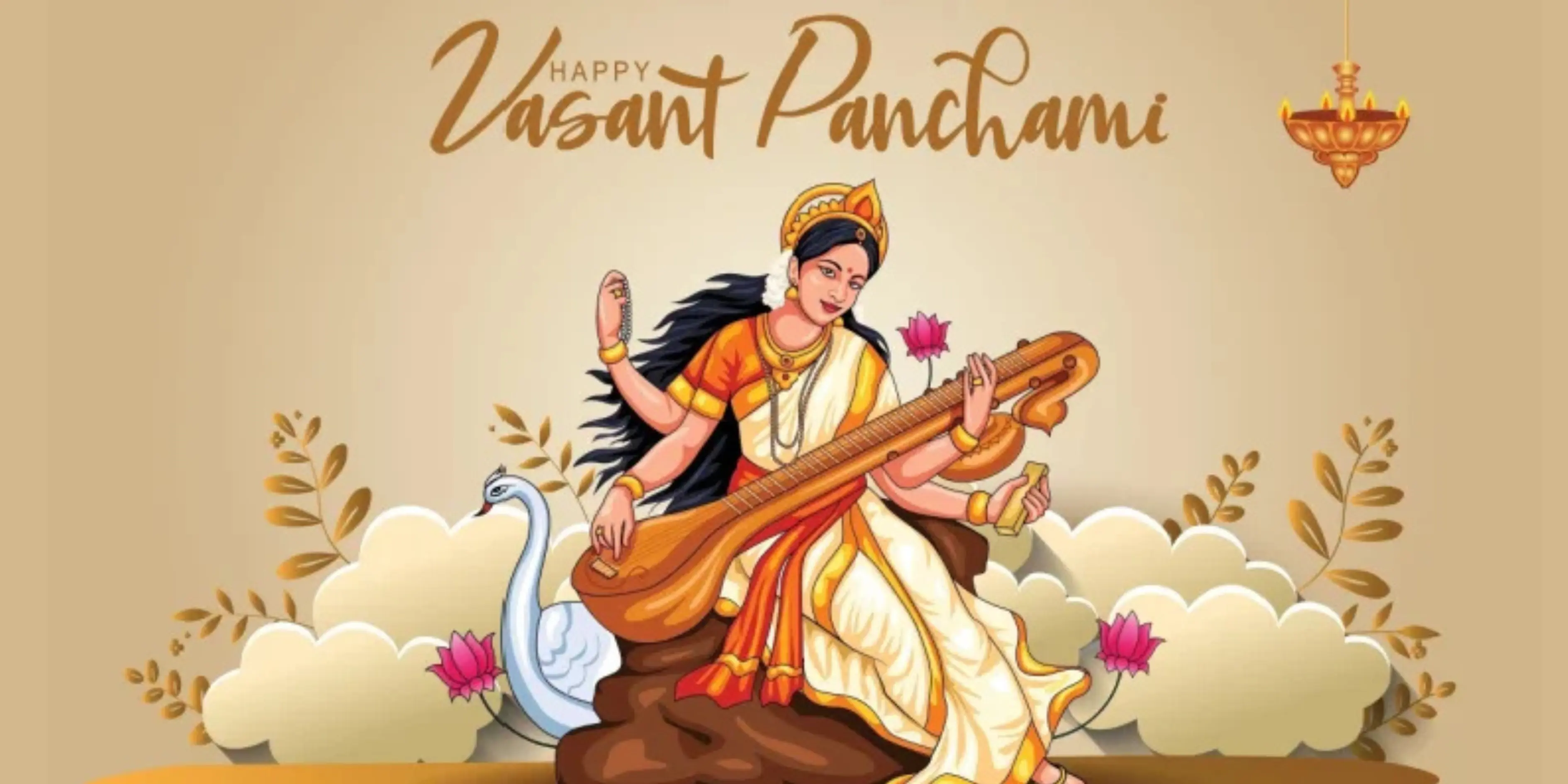 Illustration of Goddess Saraswati playing the veena on Vasant Panchami, symbolizing knowledge, wisdom, learning, and education.