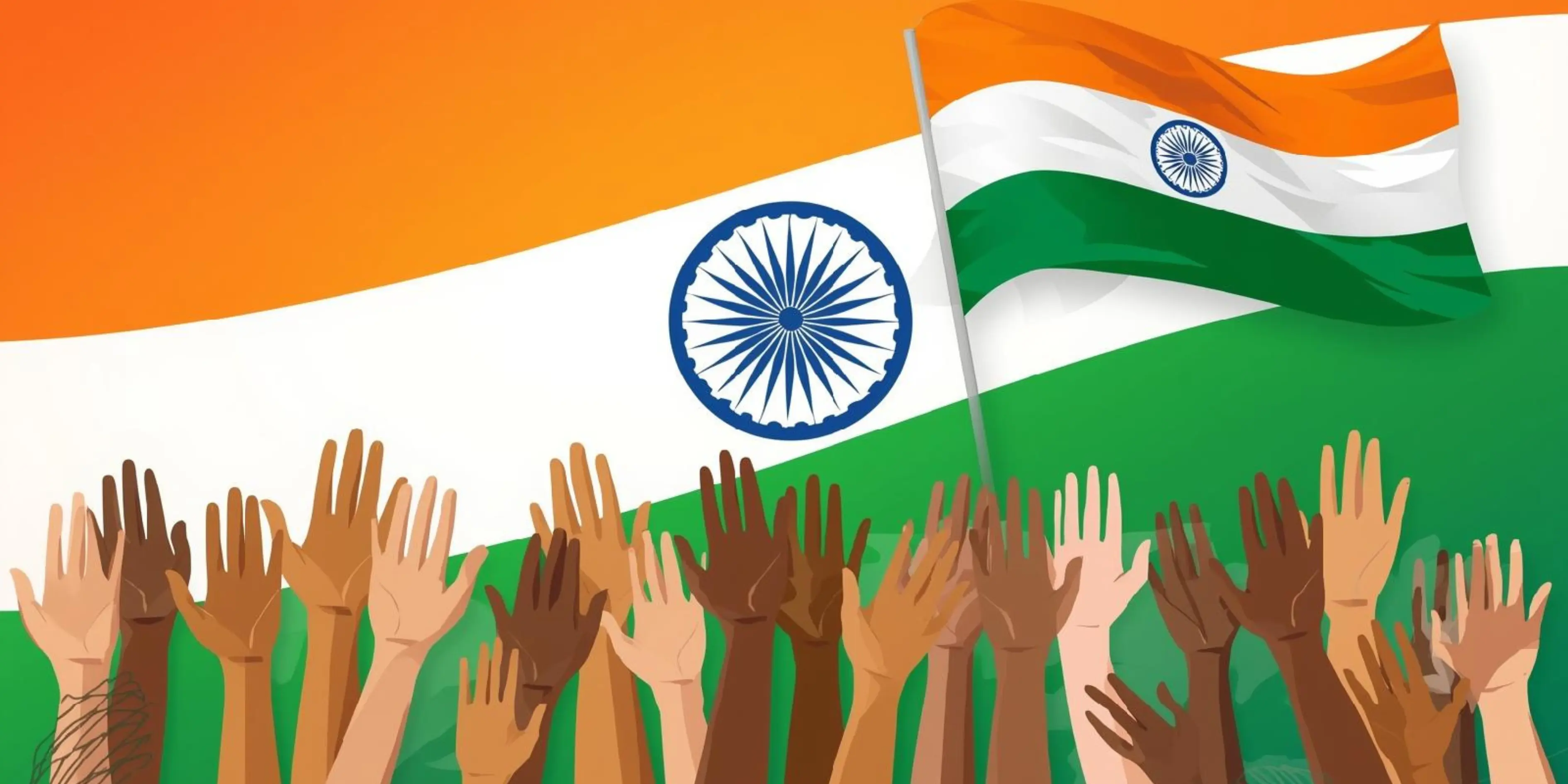 Illustration of diverse raised hands in front of the Indian national flag, symbolizing unity, inclusion, and collective participation in building an empowered India.