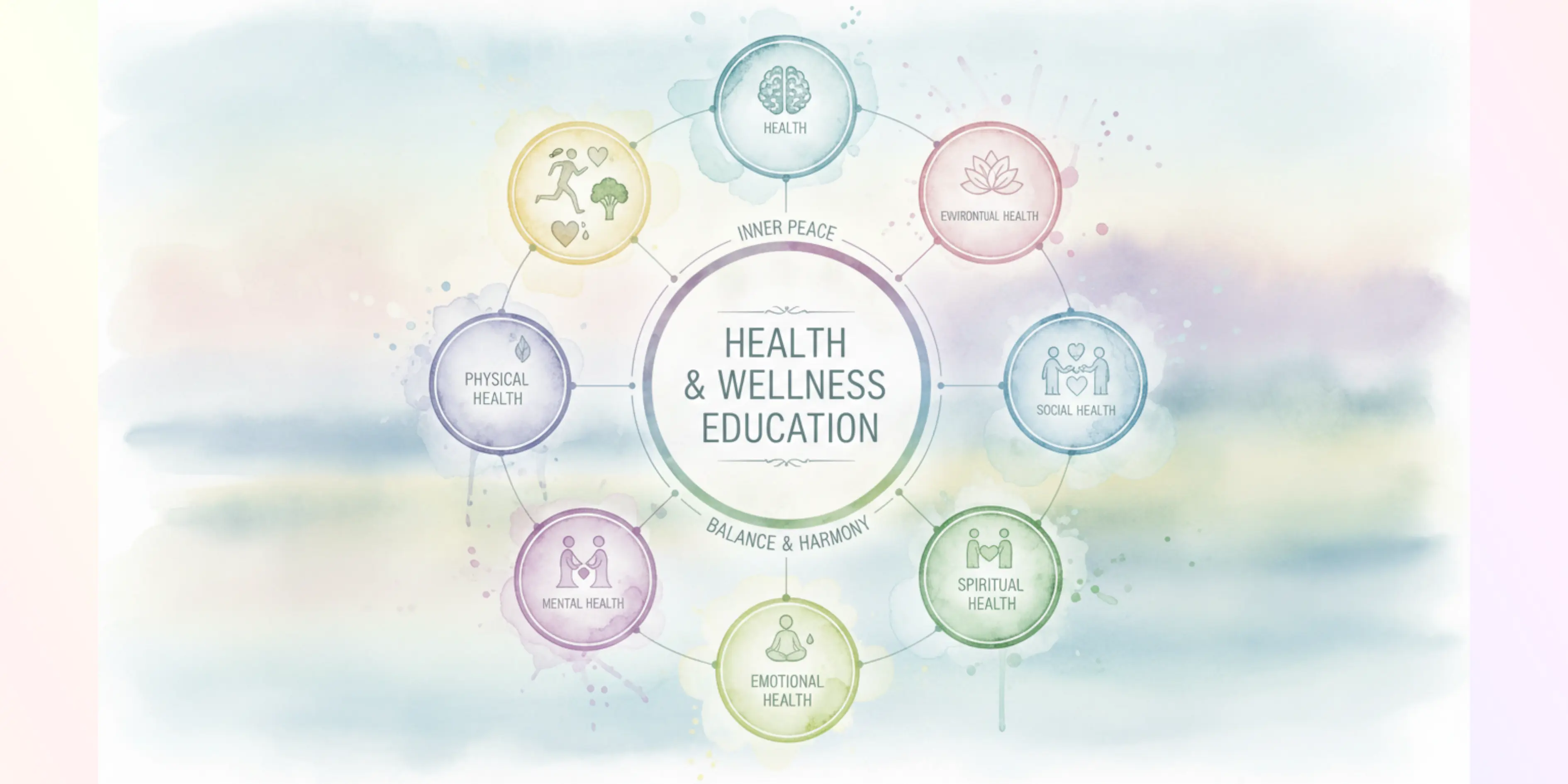 Illustration showing health and wellness education with interconnected elements including physical health, mental health, emotional health, social health, spiritual health, environmental health, and inner peace, representing balance and harmony.