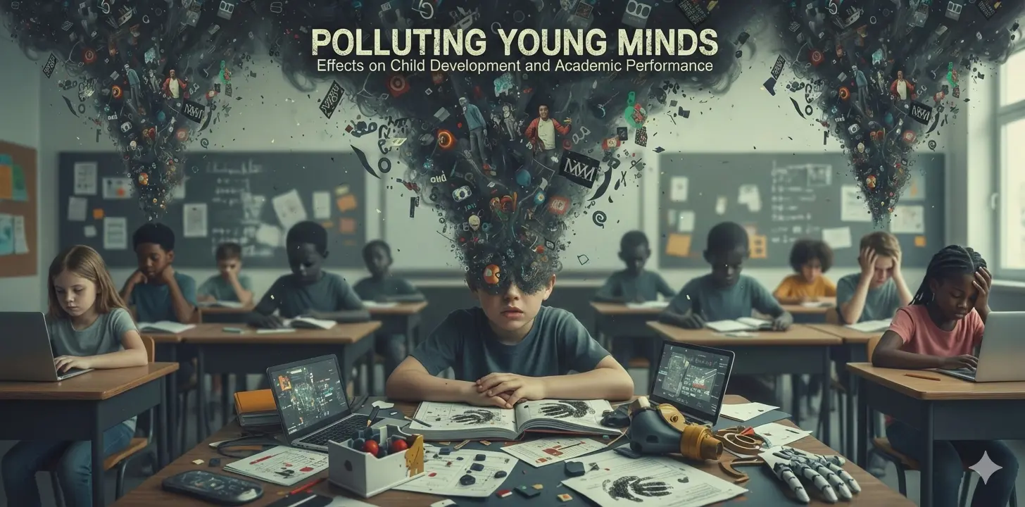 Classroom scene showing children studying at desks with laptops and books, while a central child sits surrounded by digital elements and devices forming a chaotic cloud above the head, illustrating the impact of technology and media on young minds and lea