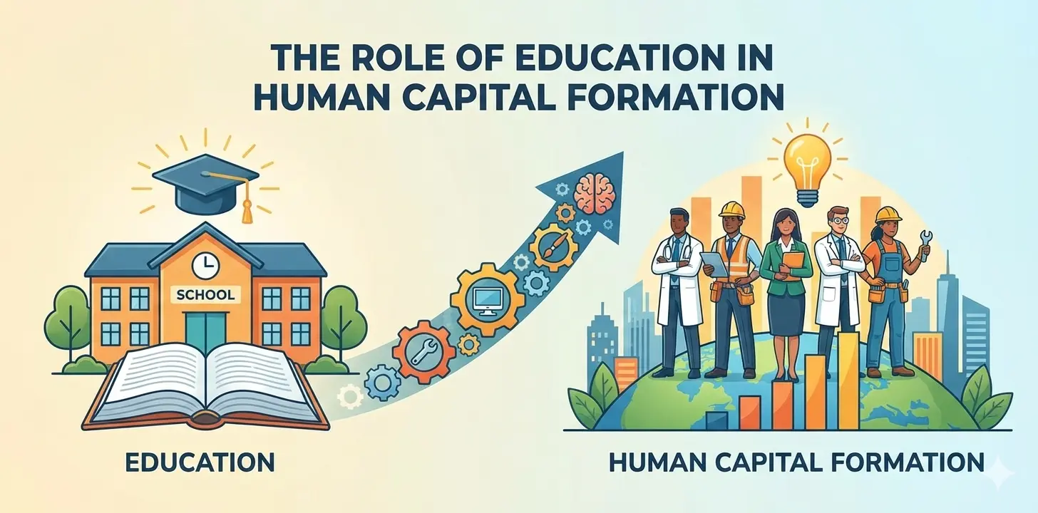Illustration showing education leading to human capital growth with school, gears, and skilled professionals.