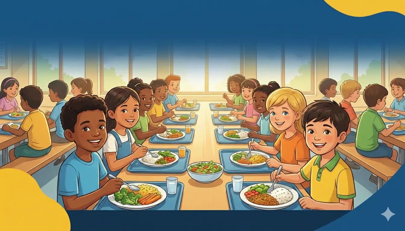 Illustration of diverse school children sitting at cafeteria tables, smiling and eating healthy meals with vegetables, rice, and juice in a bright dining hall.