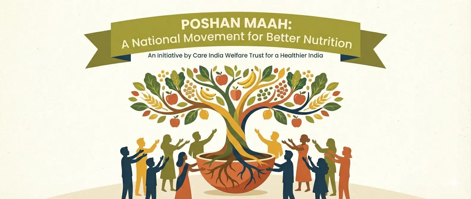 Illustration of Poshan Maah banner showing a colorful tree filled with fruits and grains growing from a bowl, surrounded by silhouettes of people raising their hands, symbolizing community participation for better nutrition in India.