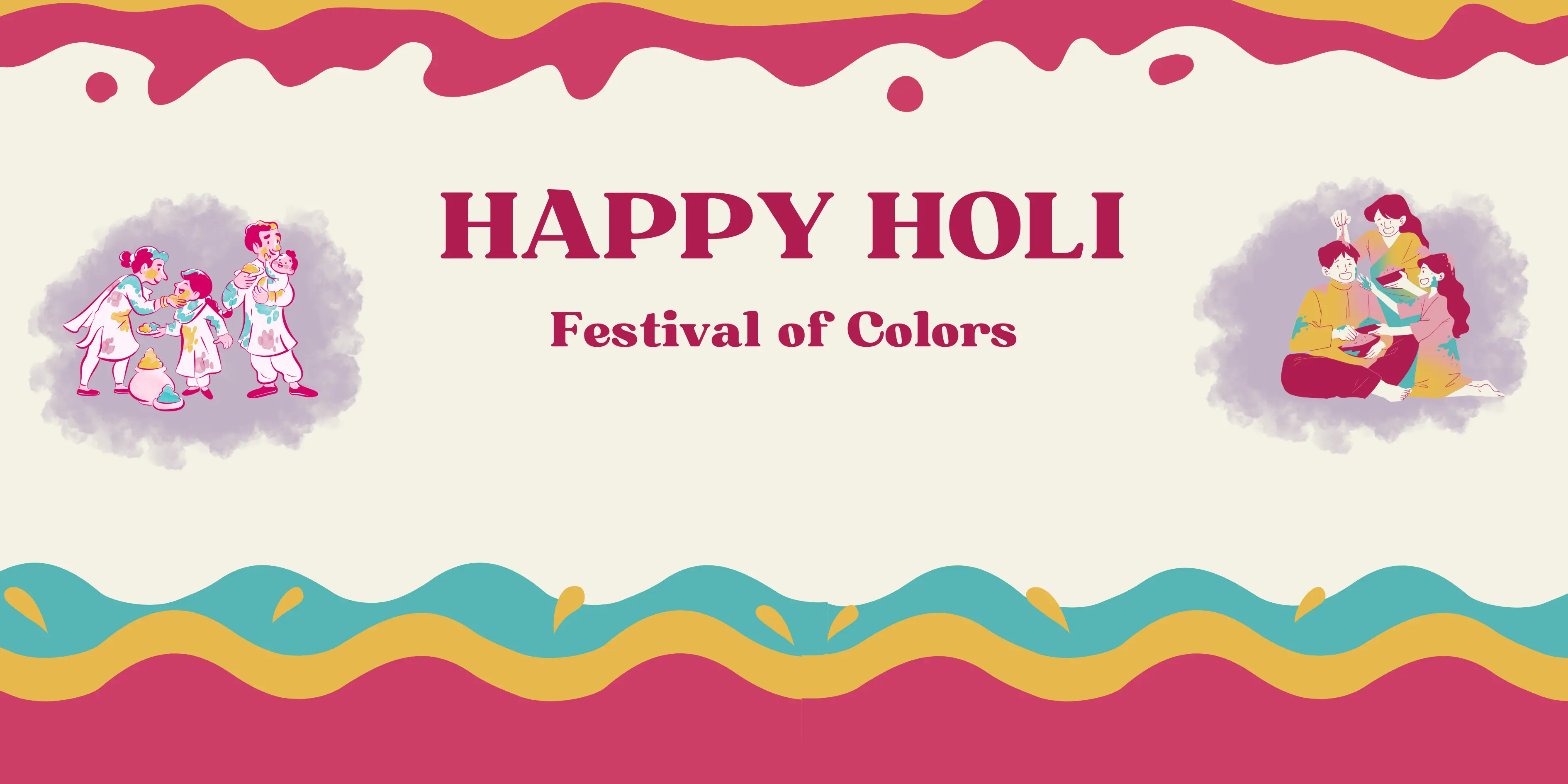 Banner design with “Happy Holi – Festival of Colors” text, featuring illustrations of people celebrating with colored powder and decorative pink, yellow, and teal wave patterns.  Select 75 more words to run Humanizer.
