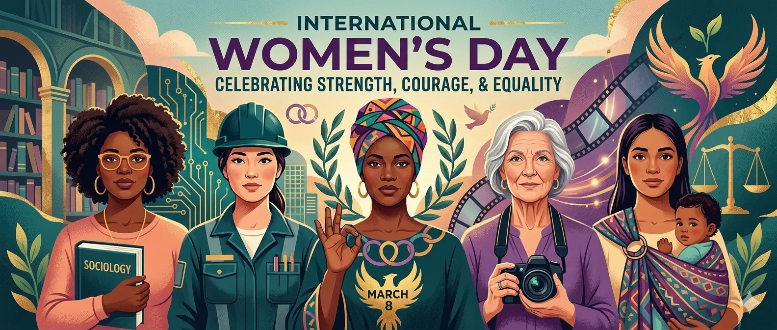 Illustration celebrating International Women’s Day with diverse women representing education, technology, leadership, media, and motherhood, highlighting strength, courage, and gender equality.