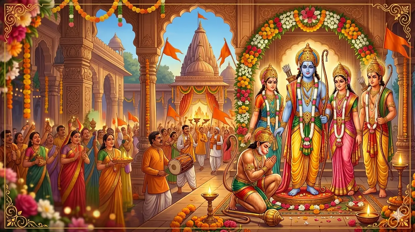 Illustration of Lord Ram with Sita, Lakshman, and Hanuman during Ram Navami celebrations in a decorated temple, with devotees singing, praying, and performing rituals.